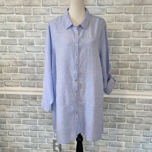 Tahari Blue Linen Tunic Top Plus Size 3X Roll Tab Sleeve Coastal Beach Resort